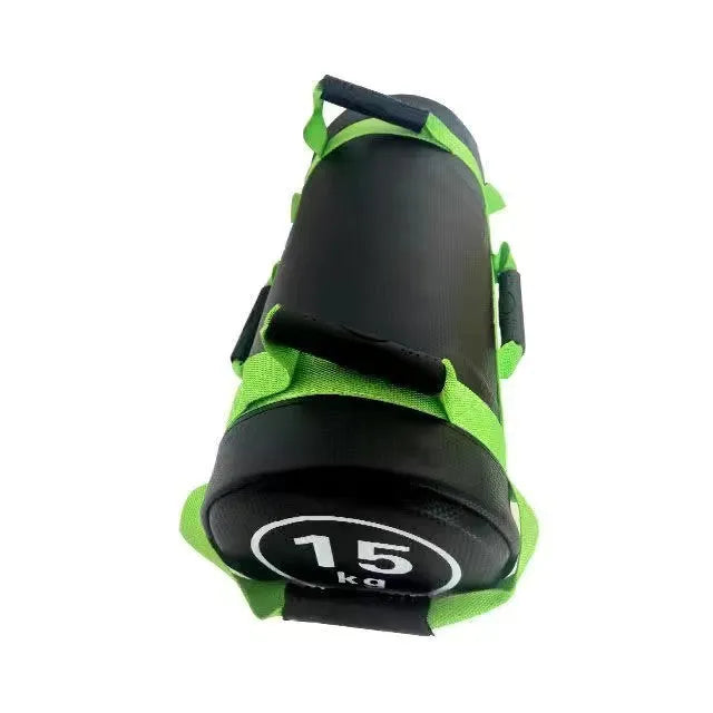 PVC fitness training sandbag in flat white leather finish showing weight specifications from 5kg to 30kg