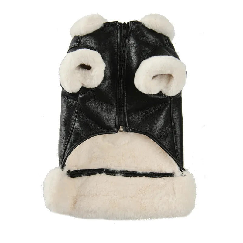 Black leather dog jacket for a medium-sized dog during autumn.