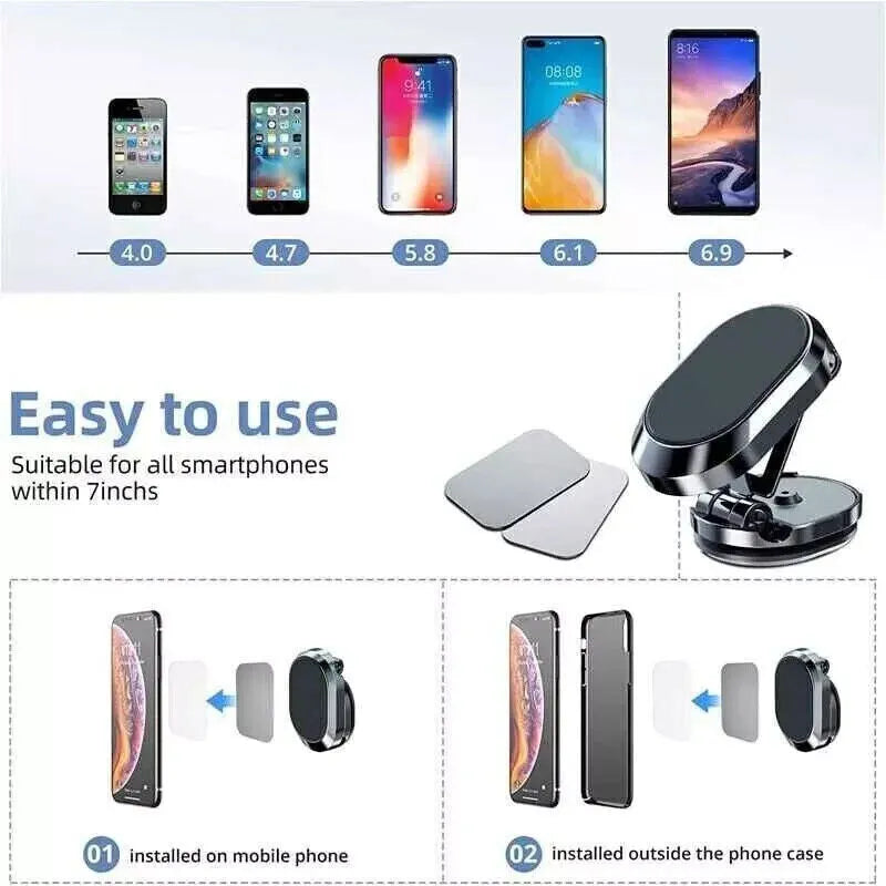 Stainless steel chrome magnetic car phone holder with folded and extended views on a dashboard.