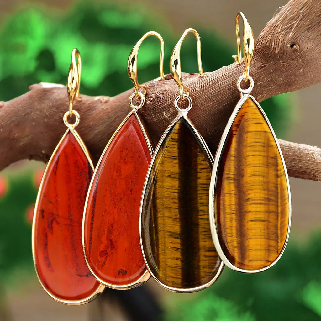 Vintage tigereye long water drop earrings in retro style with stone materials