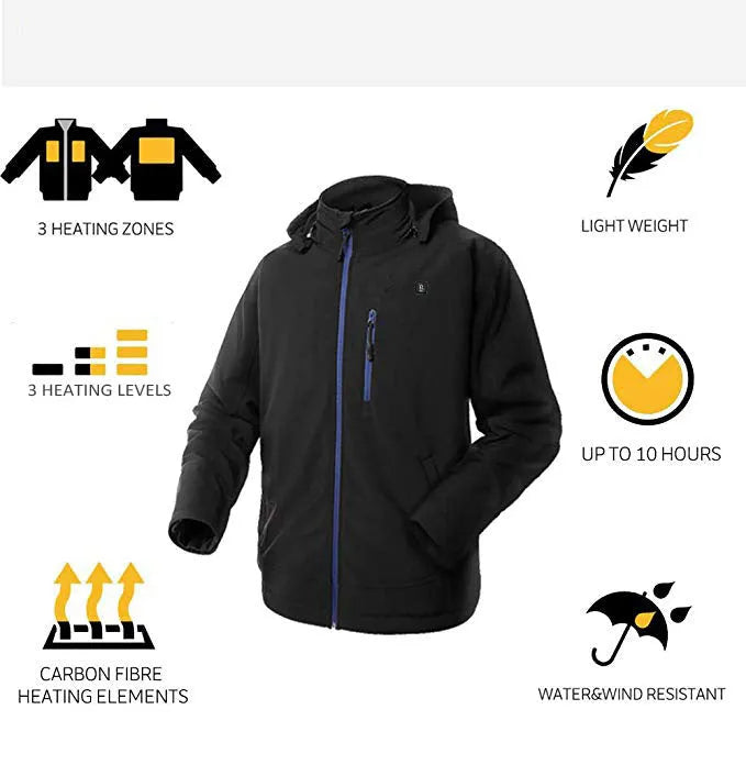 Black men's USB heating waterproof windproof winter coat with straight hem and long sleeves