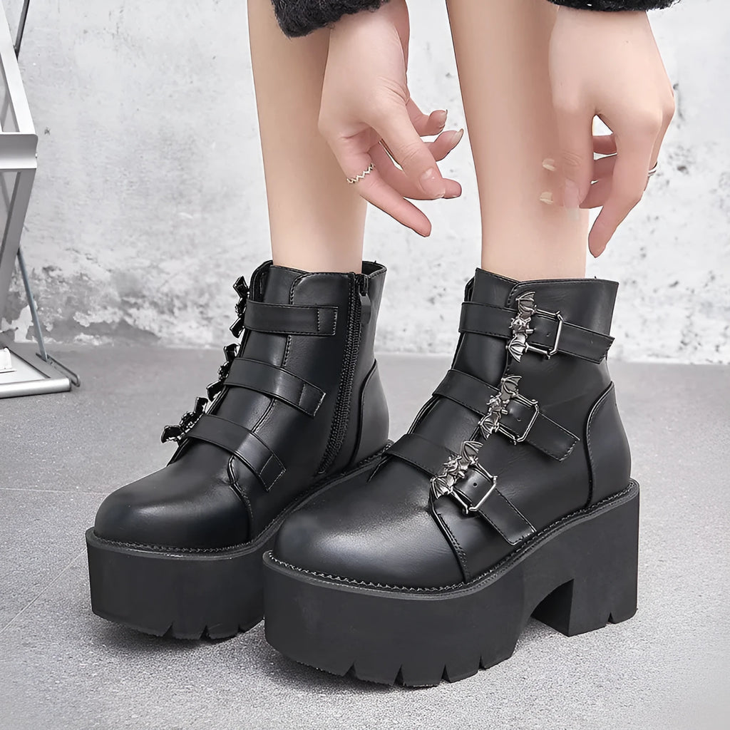 Black women's punk bat buckle gothic ankle boots with side zipper and thick heel