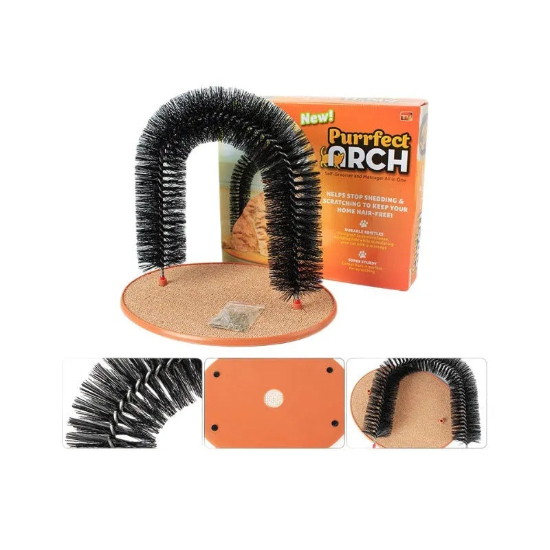 White plastic arched cat grooming toy with built-in brush bristles for scratching.