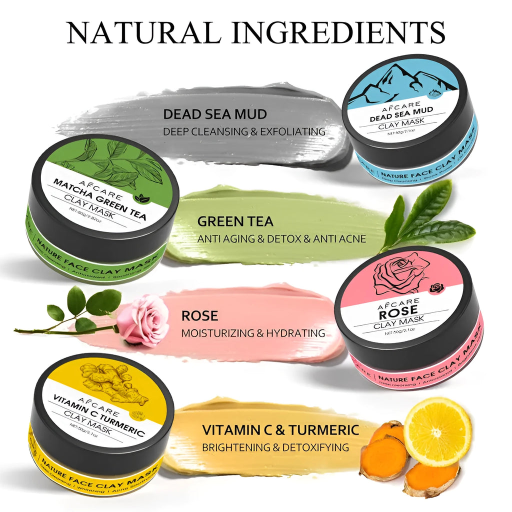 Set of four Dead Sea mud, green tea, turmeric, and rose clay facial mask packets, 80ml each.