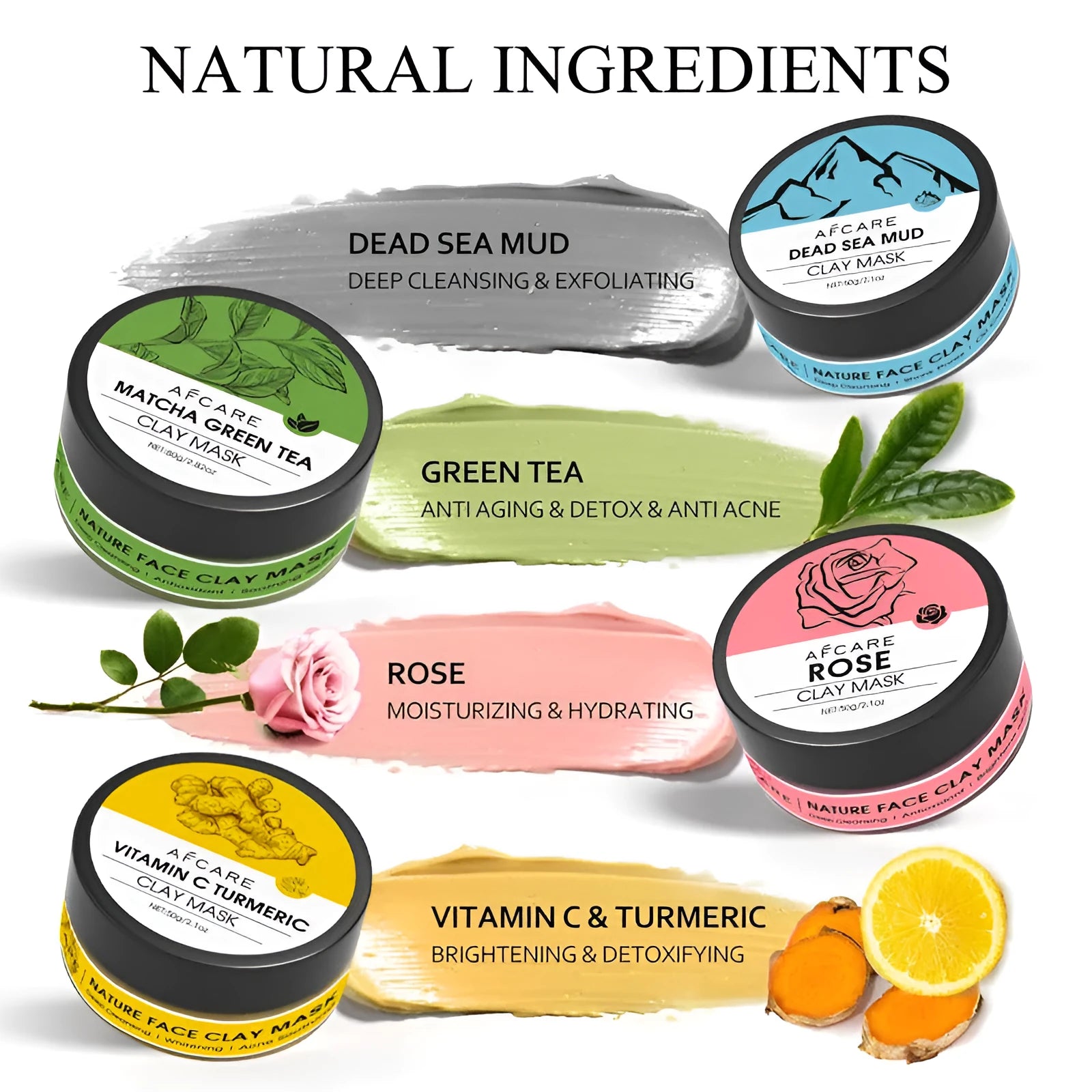 Set of four Dead Sea mud, green tea, turmeric, and rose clay facial mask packets, 80ml each.