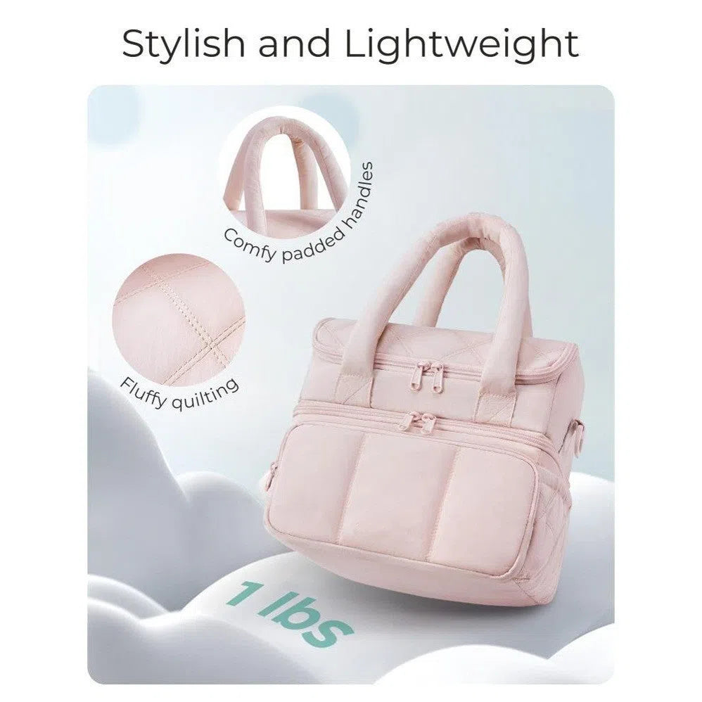 Double-layer insulated quilted pufferfish lunch bag in pink with curved shoulder straps and patchwork details