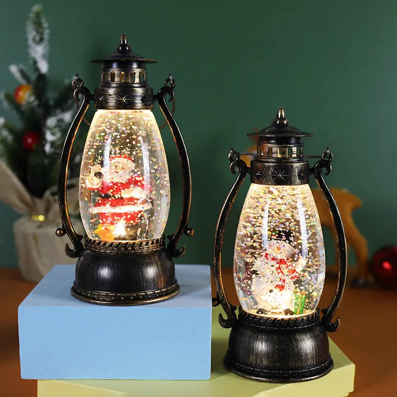 Crystal ball portable oil lamp Christmas decoration with light-emitting feature and snowman or elderly figure.