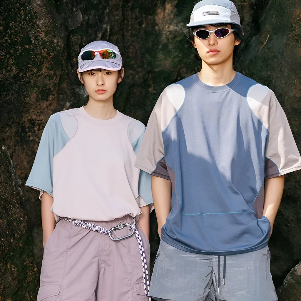 Men's loose fit patchwork T-shirt in cotton blend fabric with raglan sleeves and contrast colour design