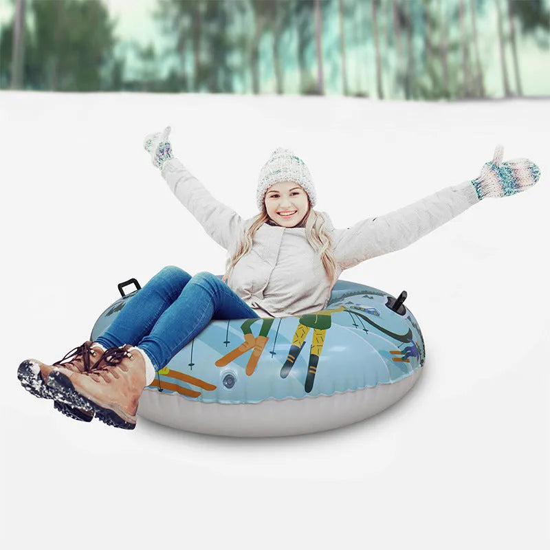 Colourful PVC ski ring toy for outdoor winter snow play, shown in red, blue, and mountain print options.