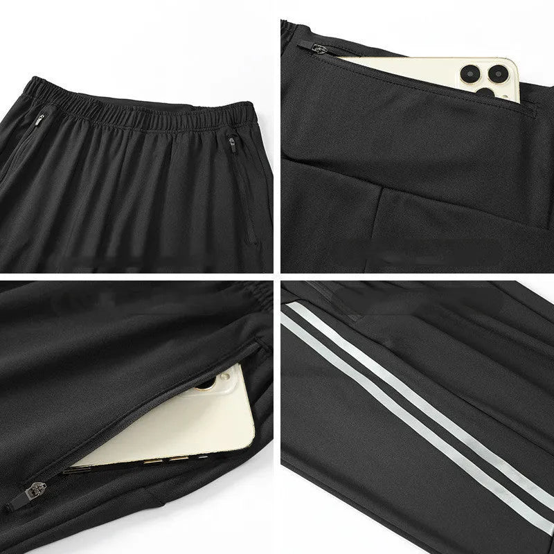 Man wearing black mid-waist polyester running pants for exercise.