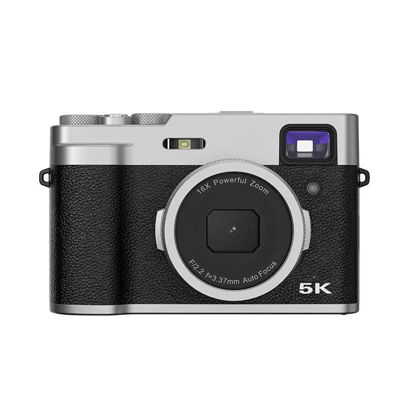 Black 5K HD digital camera with dual lenses and an optical viewfinder on a camera strap.