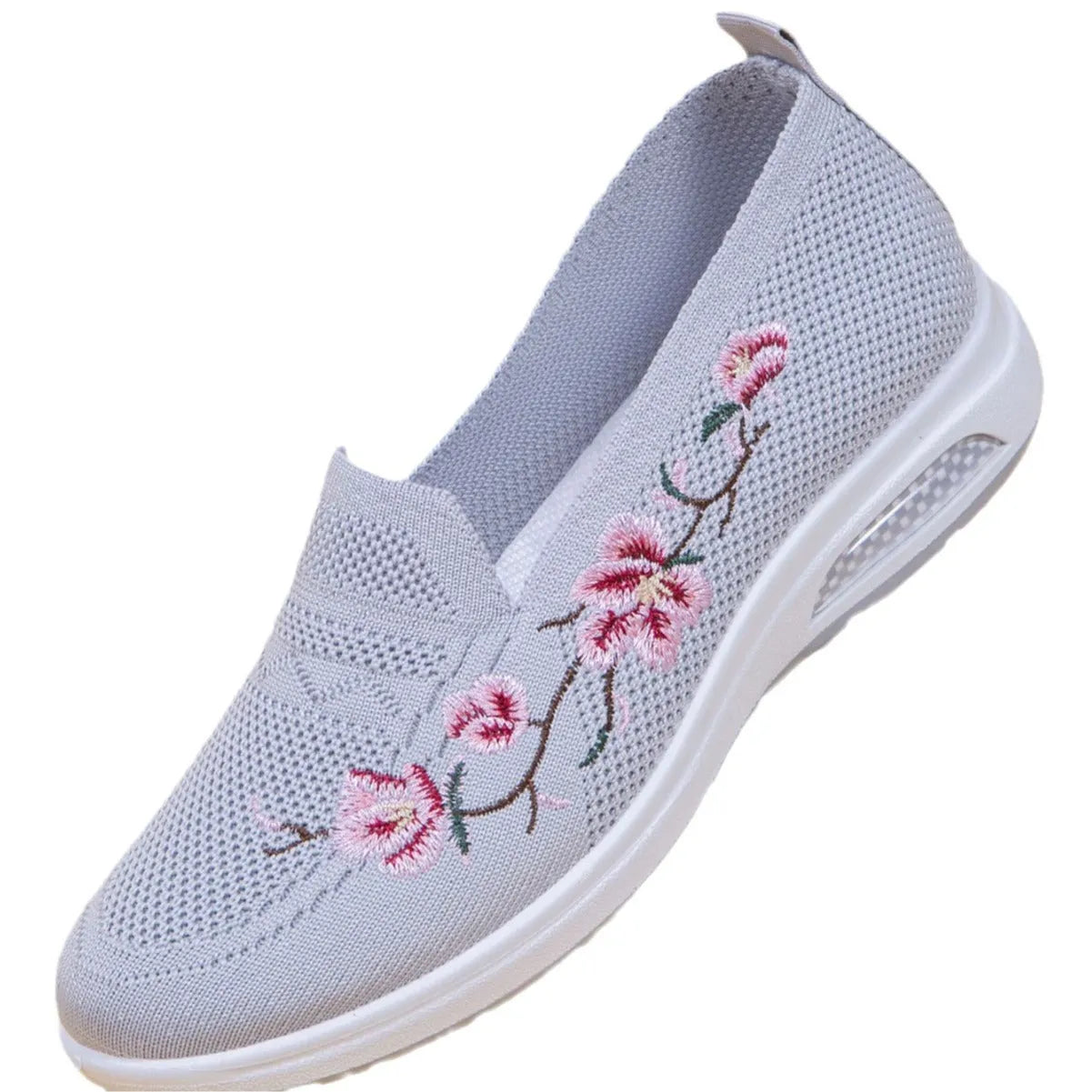 Women's embroidered breathable cloth shoes with soft rubber sole, flat heel, and round toe in multiple colours