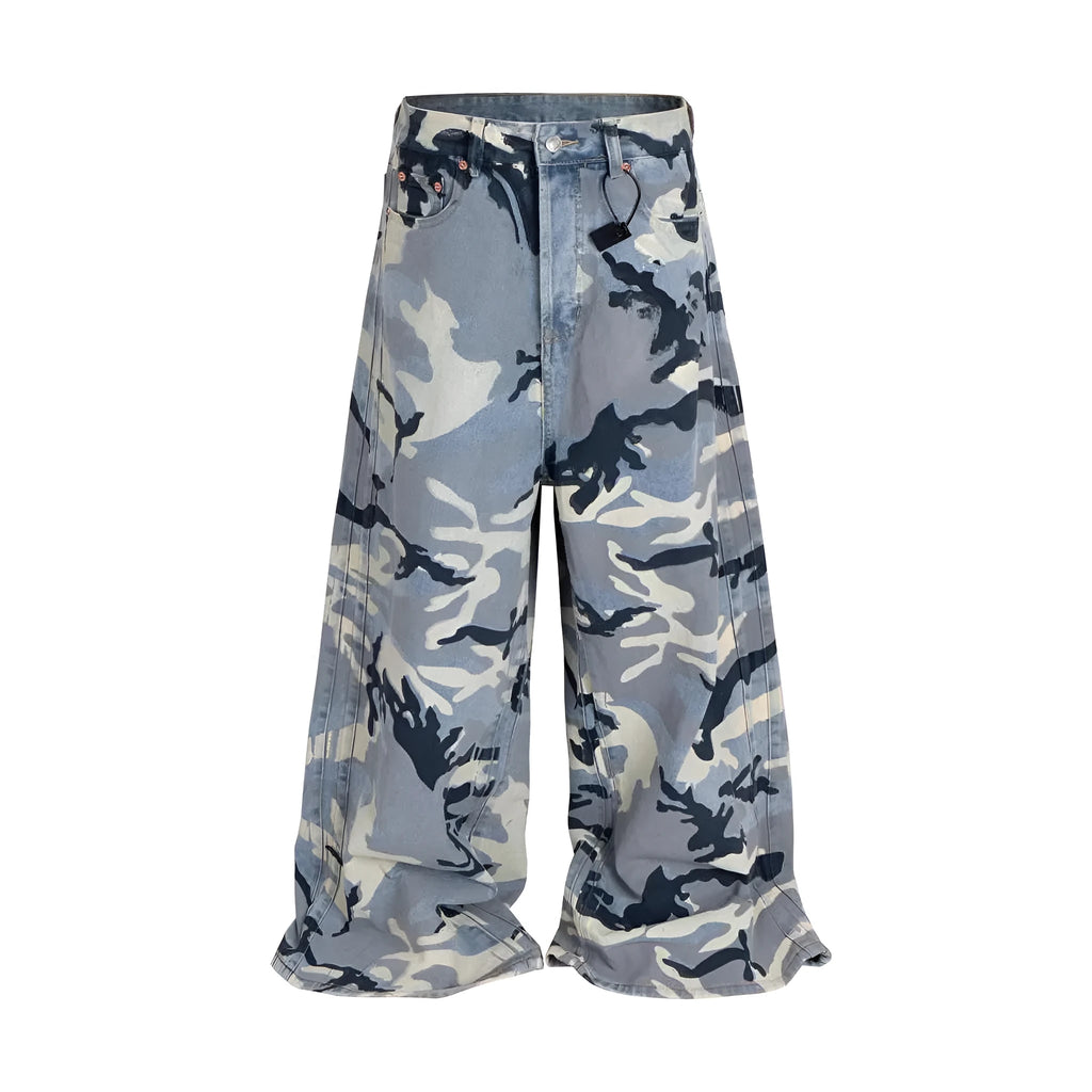 Snow camouflage blue men's and women's jeans with loose fit and micro-elastic stretch