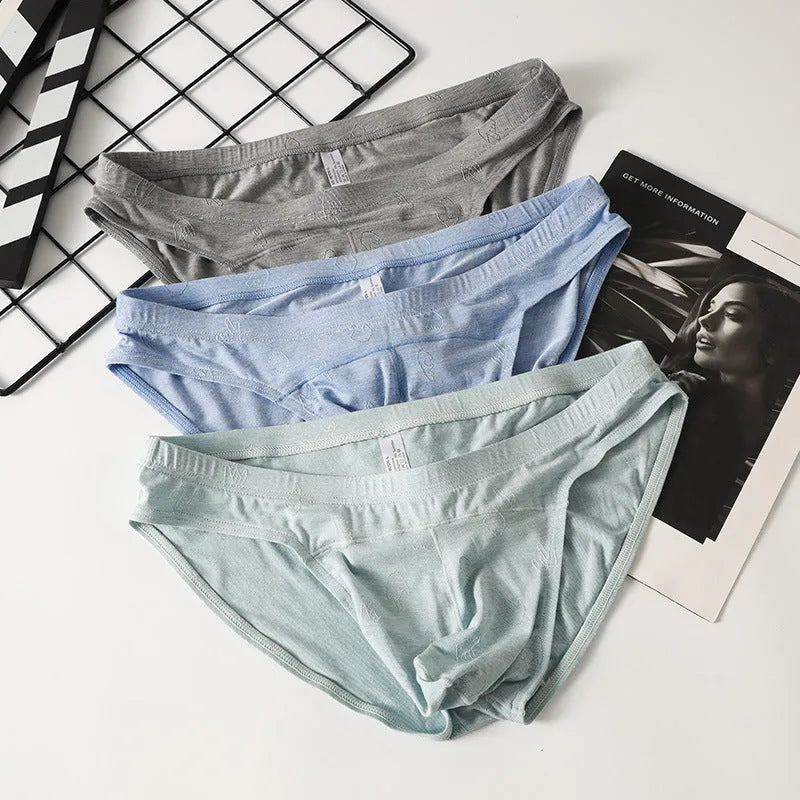 Modal low-waist briefs in jacquard ice silk fabric showing quick-drying underwear in multiple colour options