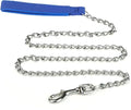 Heavy duty metal dog chain leash with a soft black padded handle, shown at full 120cm length.