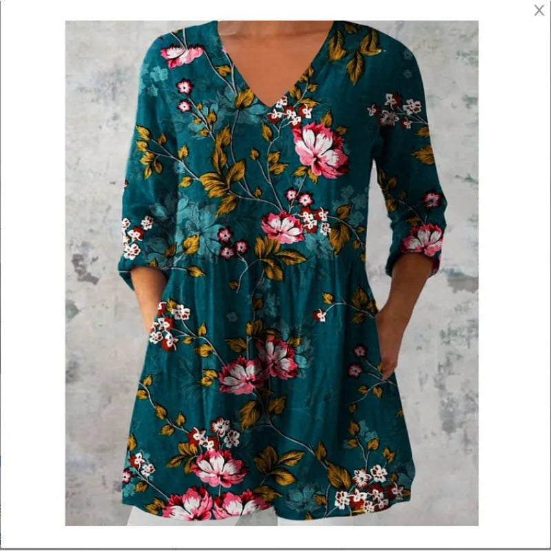 Women's printed wave pattern loose dress with 3/4 sleeves and wide waist