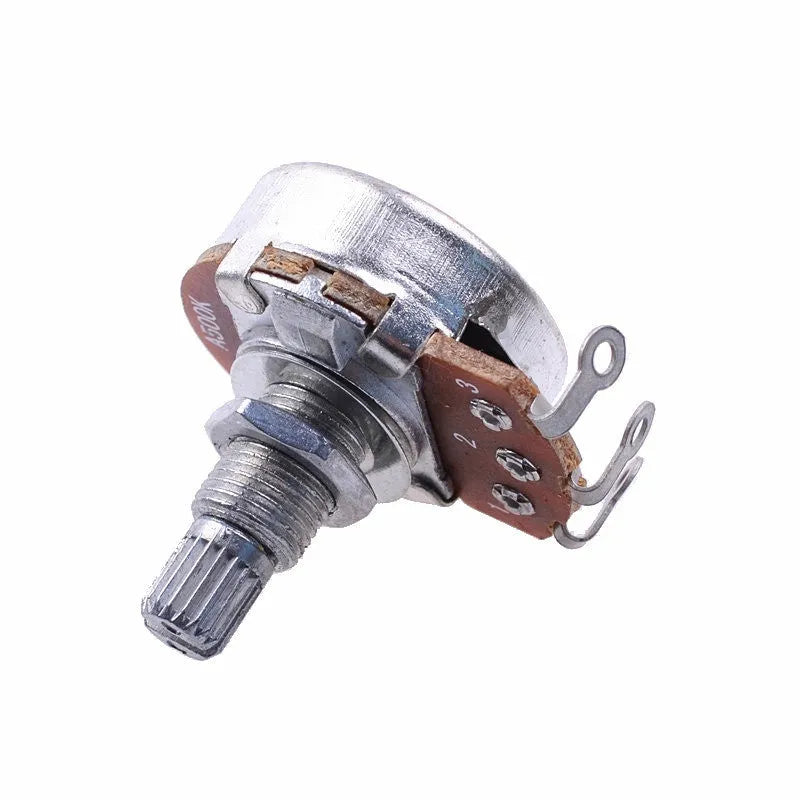 A single metal potentiometer knob for electric guitar, labelled with options A500K Tone, B500K Volume, A250K Tone, B250K Volume.