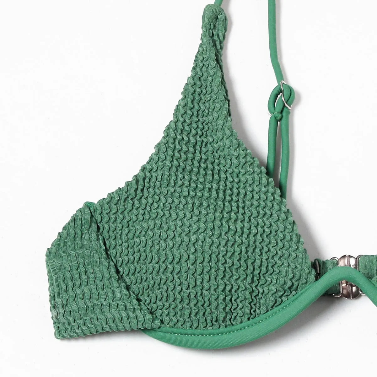 Green women's bikini swimsuit with ruffle detail and split-style briefs