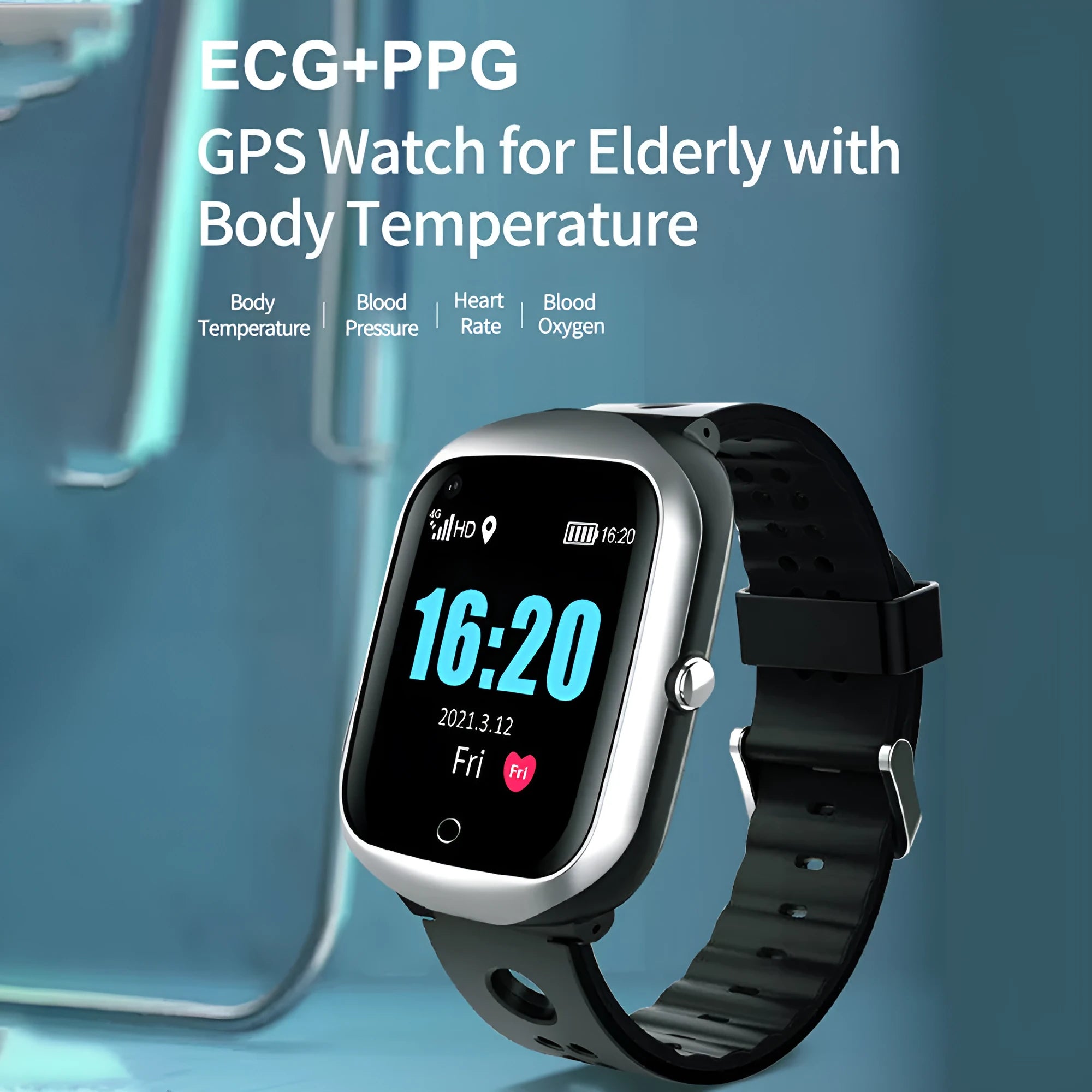 Black elderly safety smartwatch with square colour screen and silicone strap showing GPS and calling functions