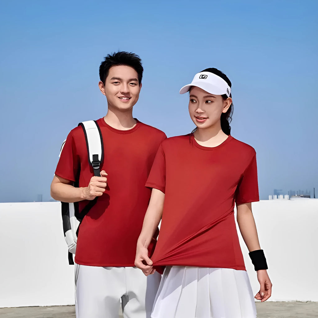 Men's solid colour loose fit short sleeve polyester t-shirt on a hanger.