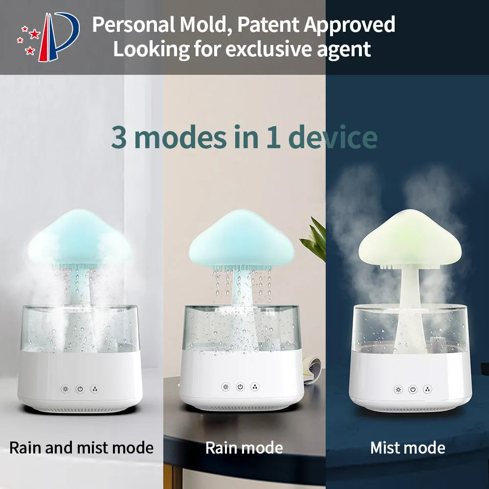 White raining cloud mushroom lamp humidifier and aromatherapy diffuser on a desk.