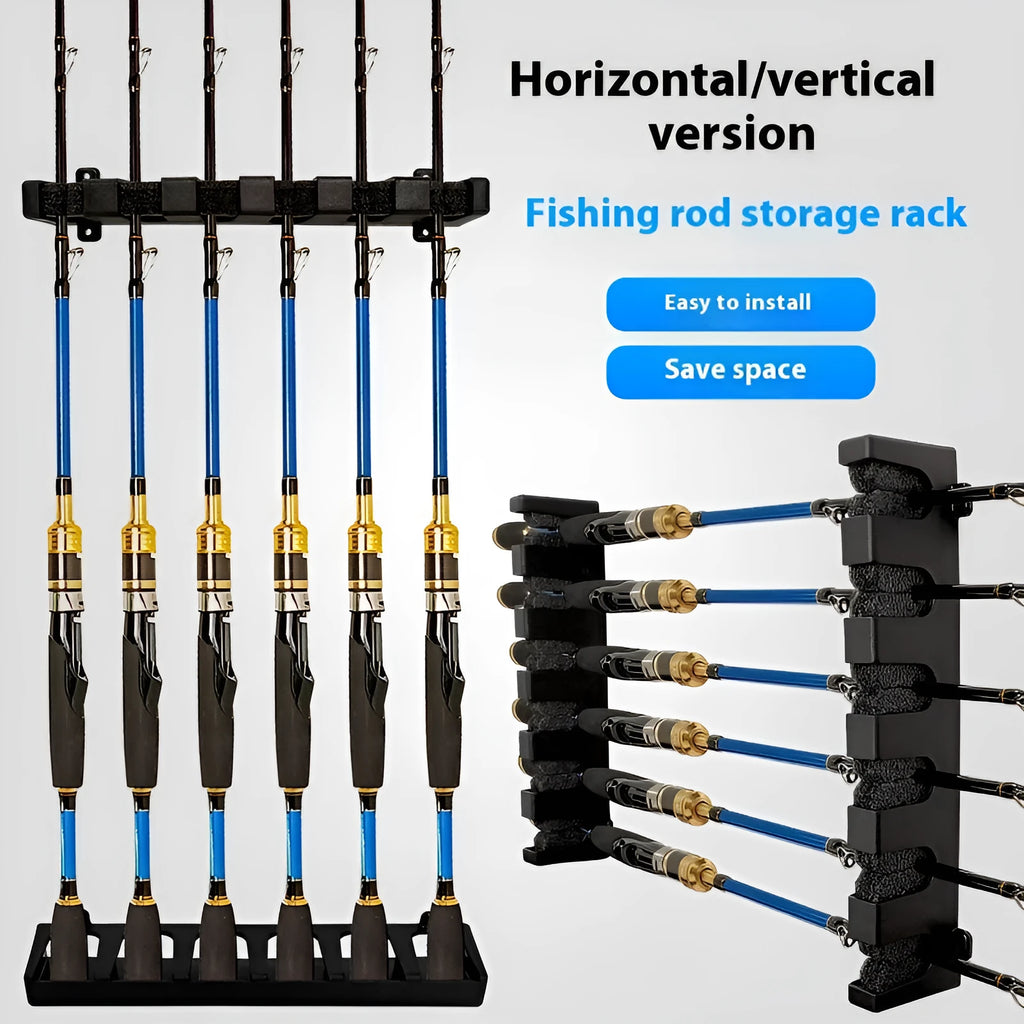 Black ABS plastic wall-mounted fishing rod holder rack showing upright and horizontal mounting styles