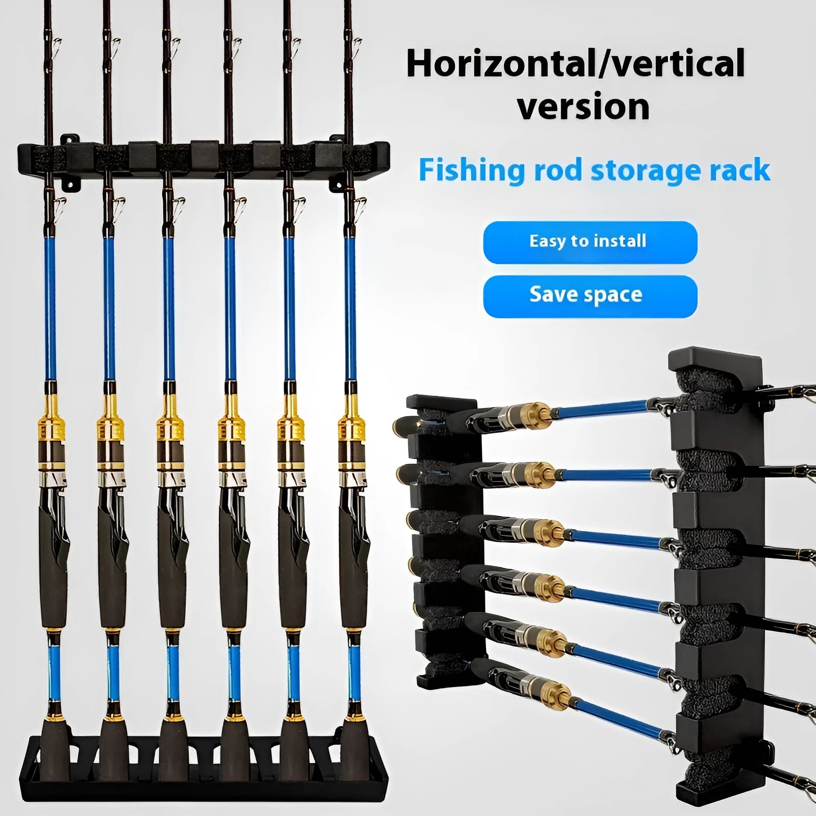 Black ABS plastic wall-mounted fishing rod holder rack showing upright and horizontal mounting styles