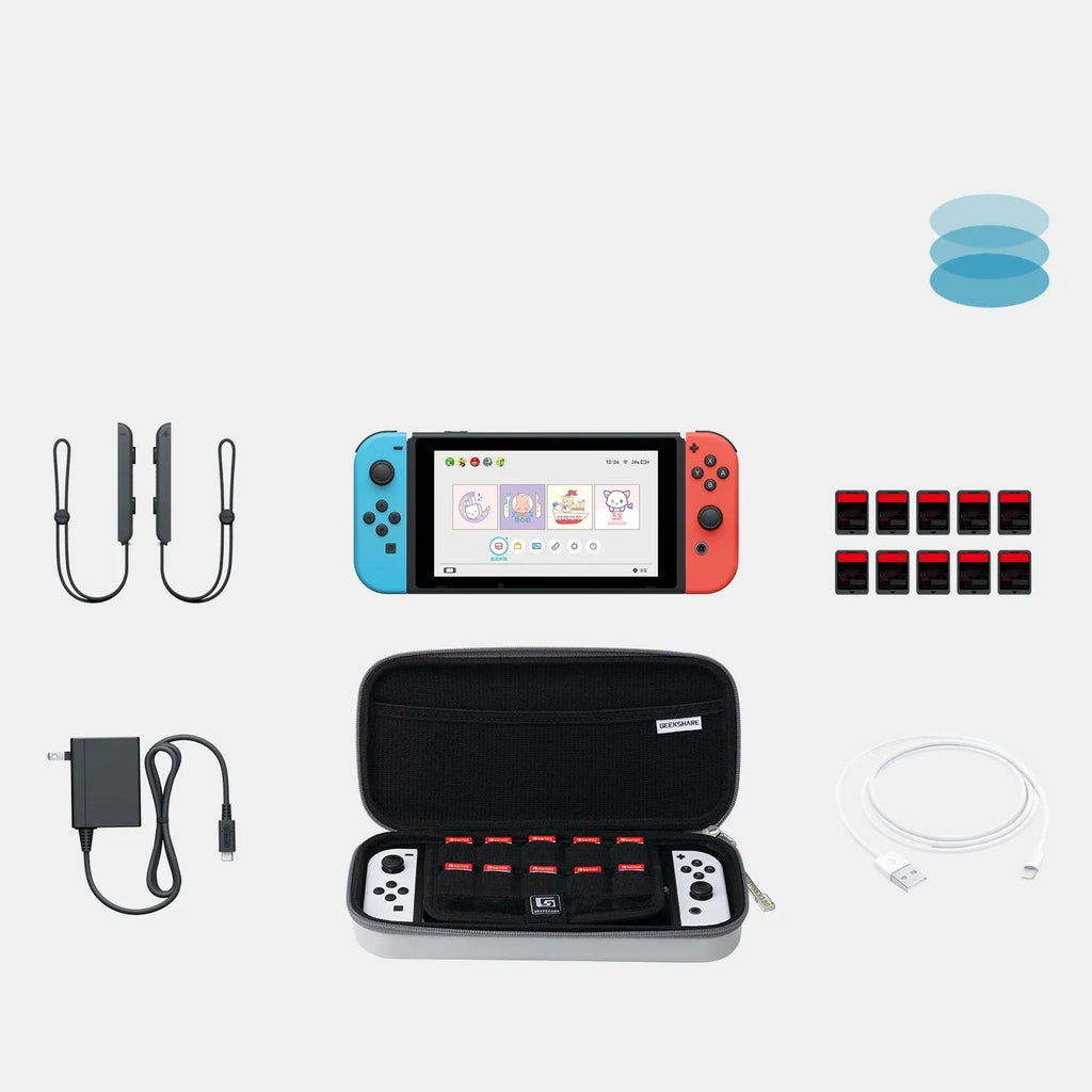 Nintendo Switch storage clutch case in grey with handle, showing game cartridge slots.