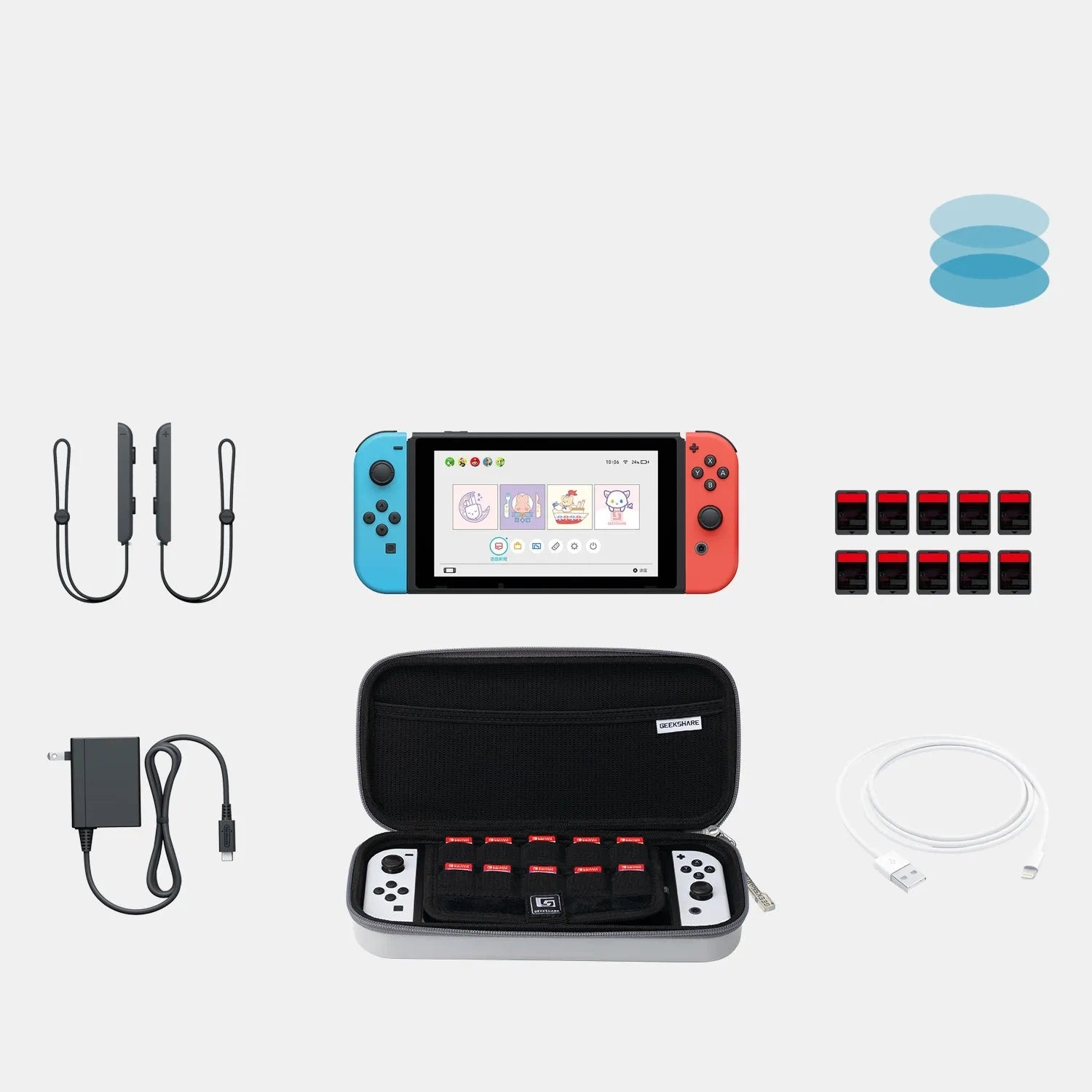 Nintendo Switch storage clutch case in grey with handle, showing game cartridge slots.