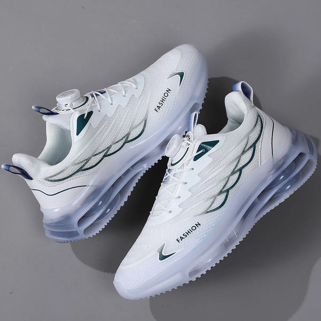 White Korean-style casual trainers with rotating button lace-up and mesh upper