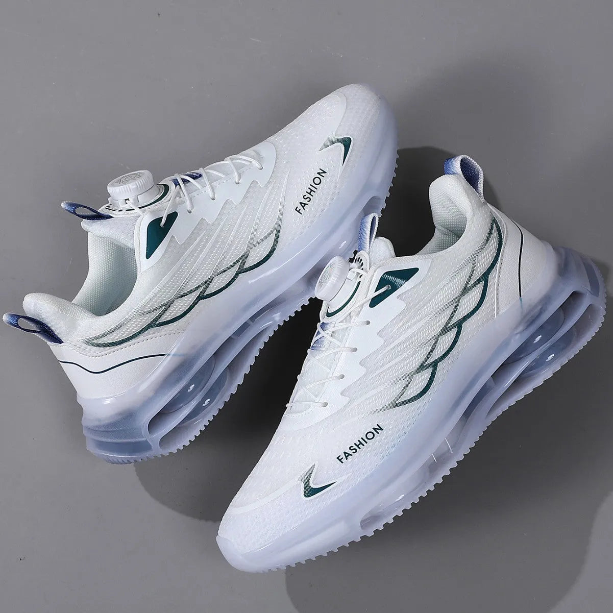 White Korean-style casual trainers with rotating button lace-up and mesh upper