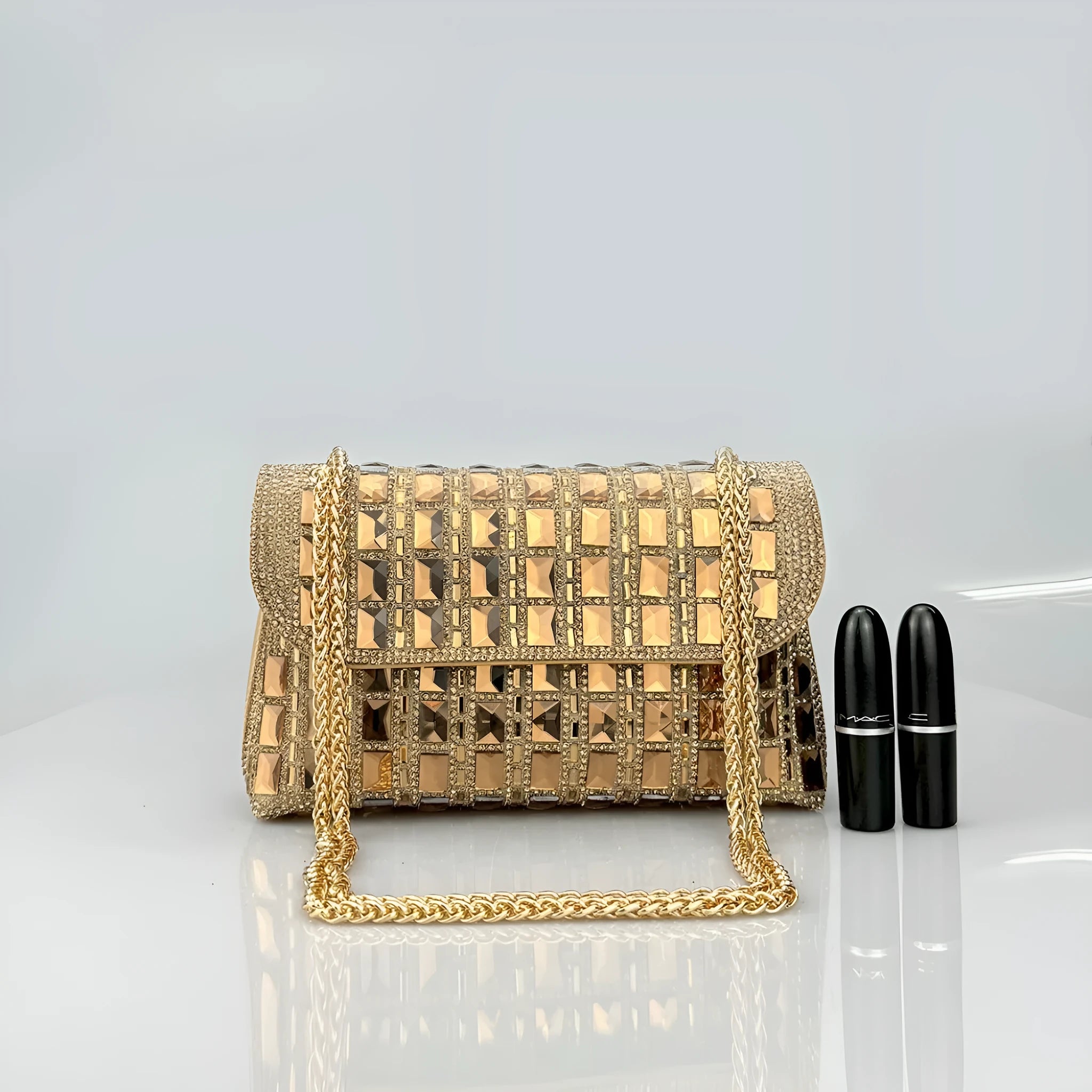 Shiny glass rhinestone chain clutch bag in horizontal square shape with open pocket