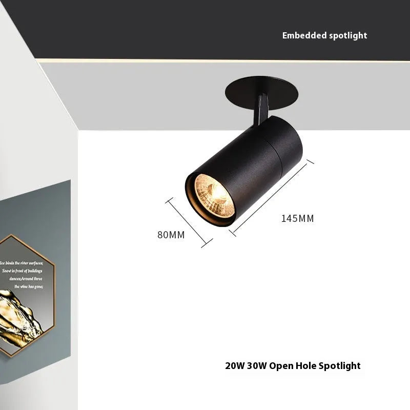 Embedded cylinder LED spotlight for 55-75mm holes with guide rail adjustment in black aluminium finish