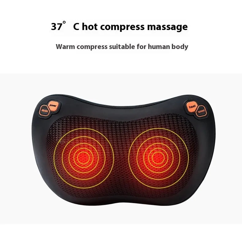 Black genuine leather neck and shoulder massage pillow with 8 heads for car and home use.