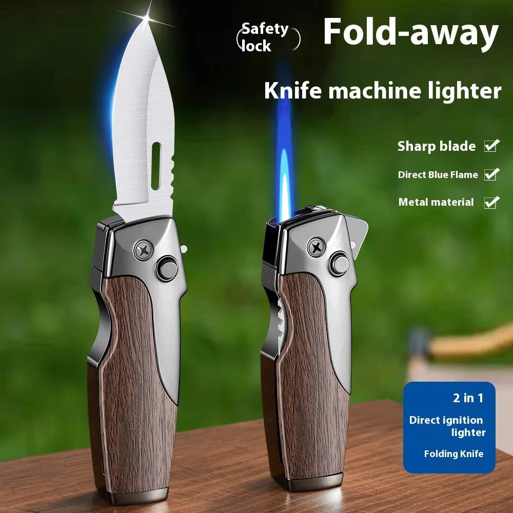 Zinc alloy metal folding knife lighter in a wood grain finish, showing both the closed tool and the unfolded blade.