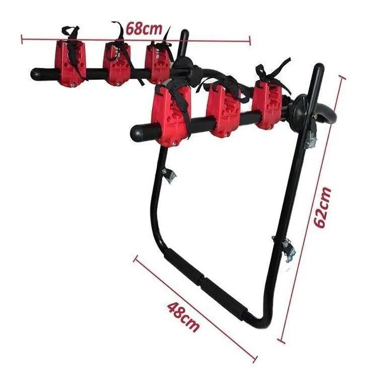 Black and red iron trunk mounted bike rack with protective sponge padding, shown with fastening straps.