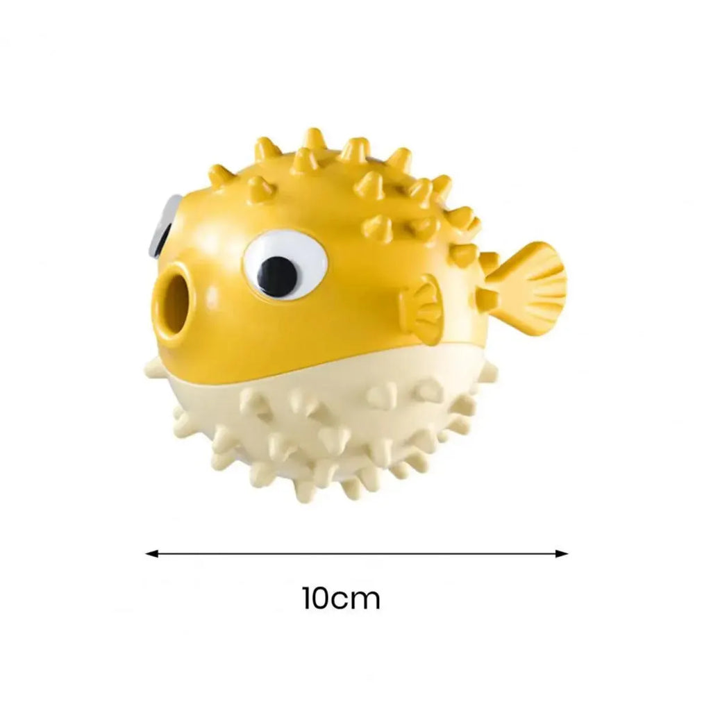 Yellow fish-shaped vinyl dog chew toy for aggressive chewers with textured surface