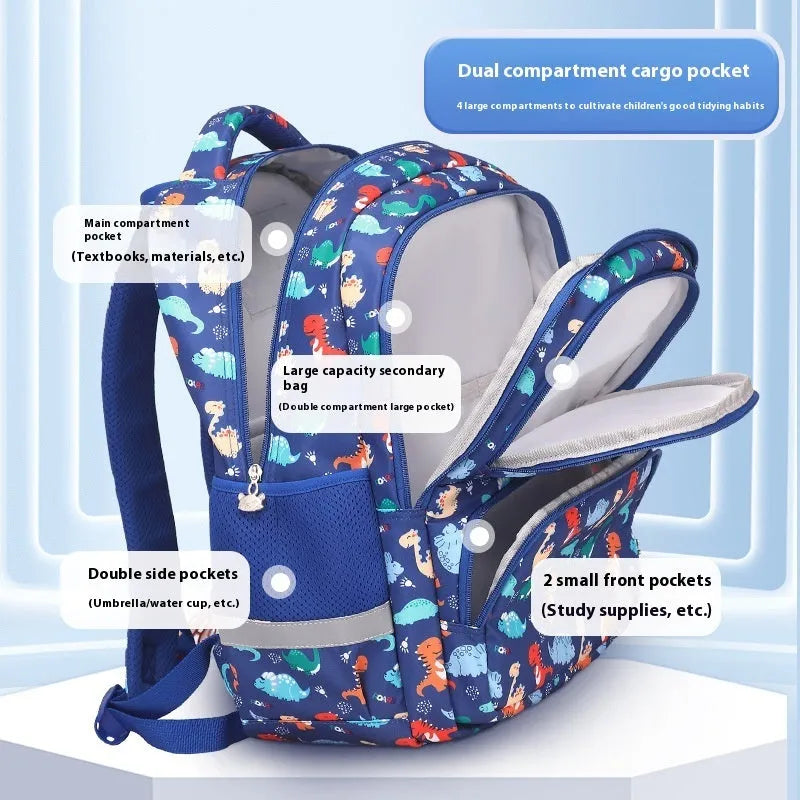Children's blue dinosaur print waterproof school backpack with curved straps on a white background.