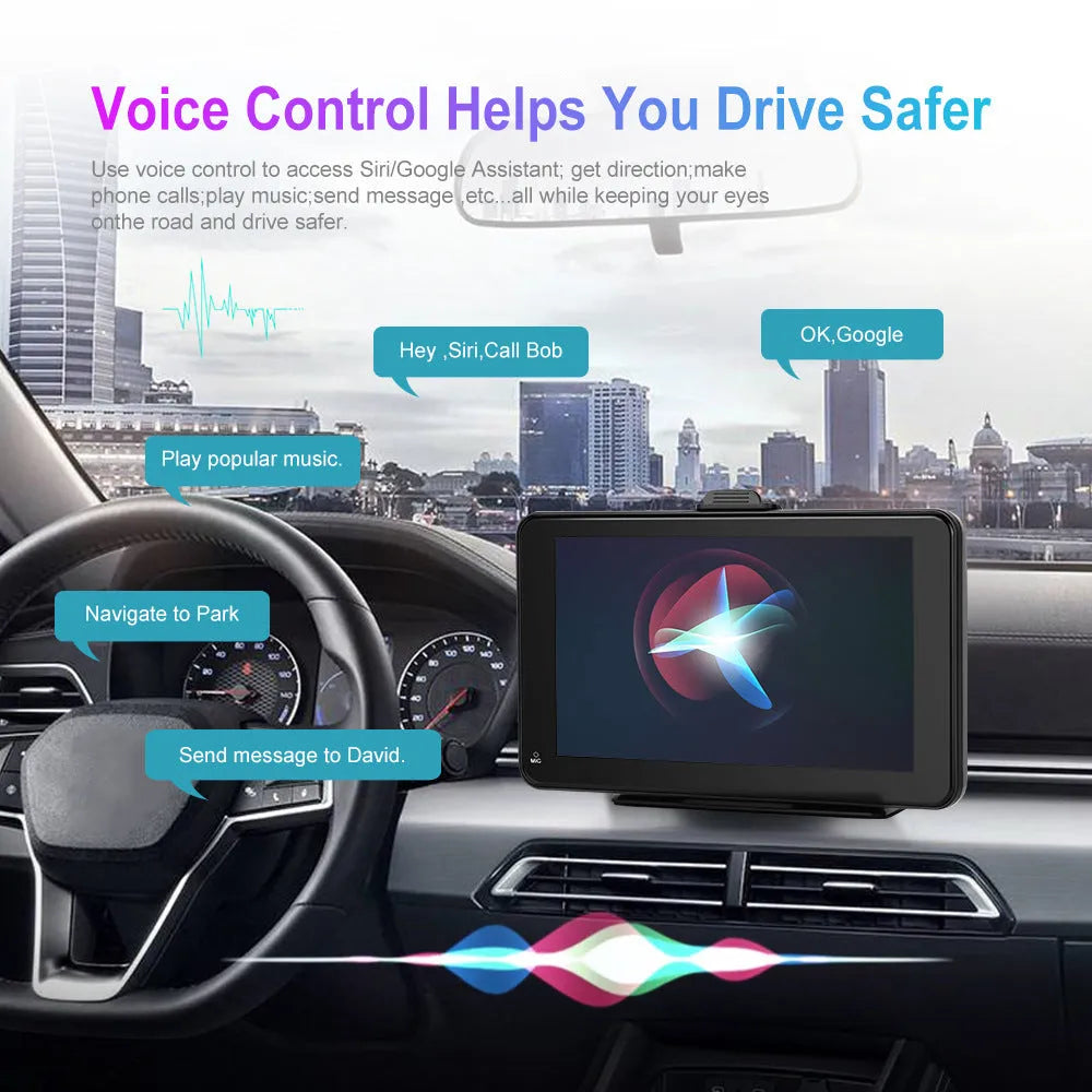 7-inch HD wired car screen player with universal suction cup and vertical mounting supports.