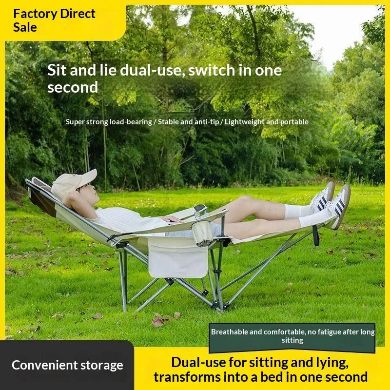Portable folding recliner chair in beige for outdoor and office use, folded for storage