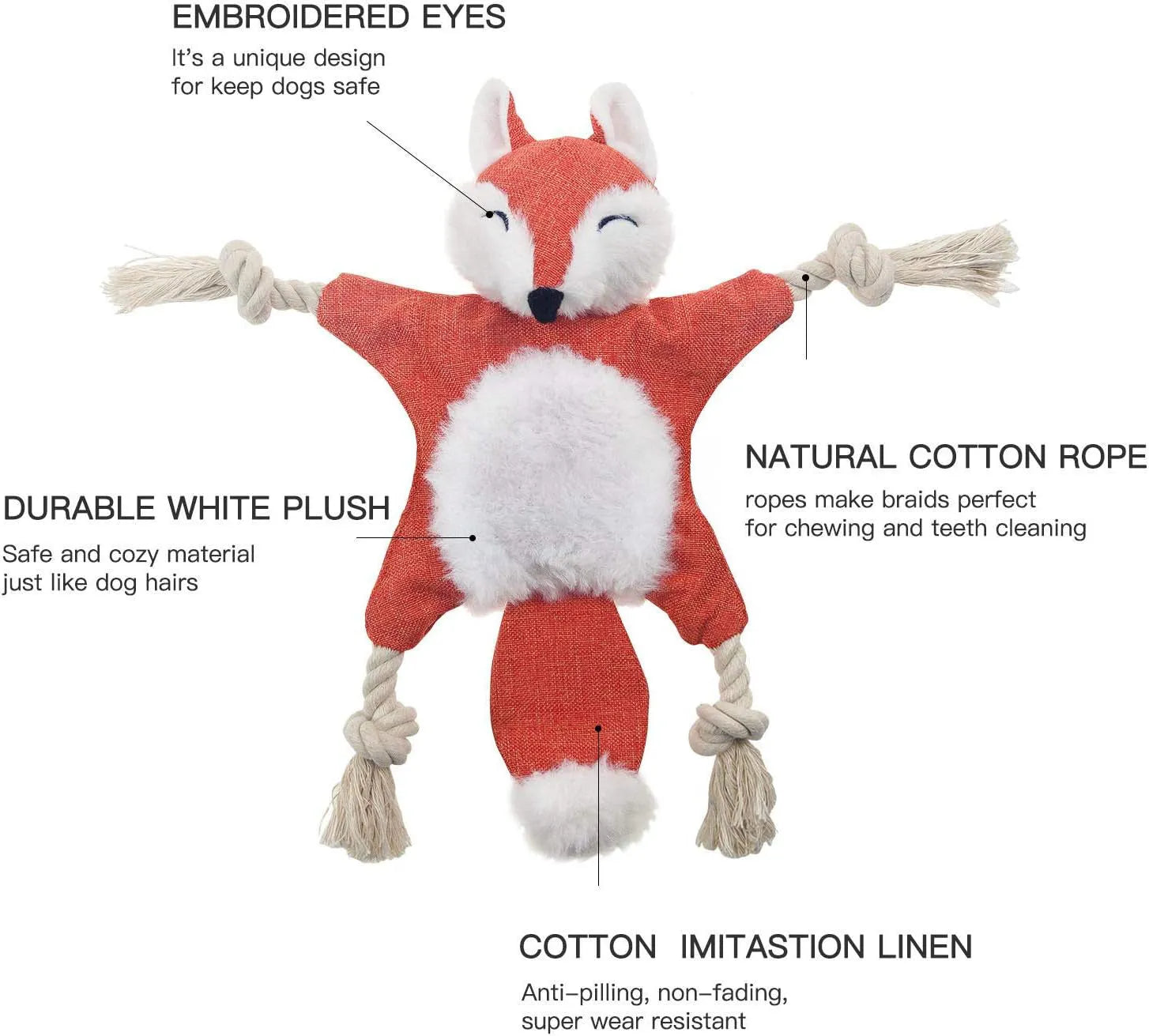 Brown fox dog toy with squeaker and crinkle paper, cotton rope arms and legs, embroidered eyes