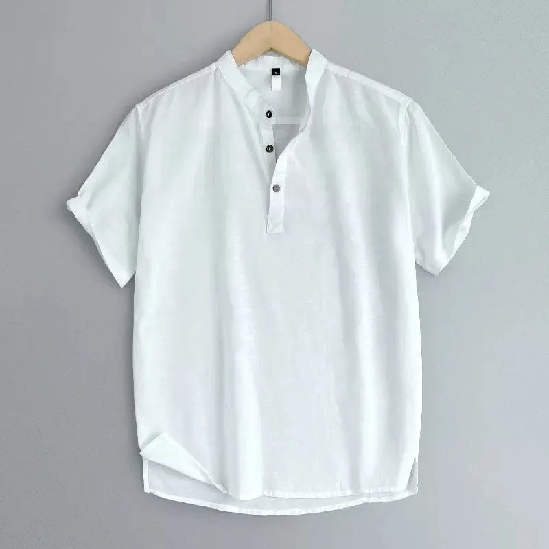 Men's solid colour linen blend short sleeve t-shirt on a hanger.