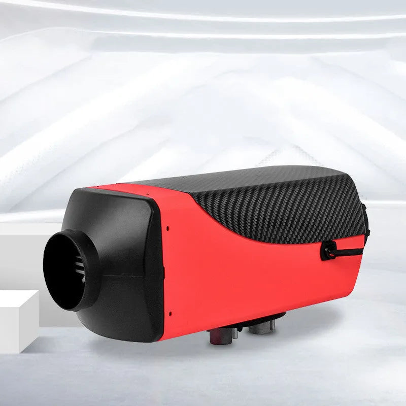 Red and black diesel air heater unit with oil pump, fuel tank, and installation components for vehicle cabin heating.
