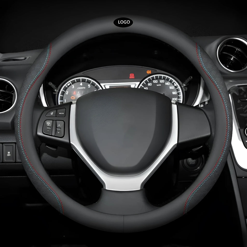 Black steering wheel cover with Napa leather texture on 38cm diameter wheel