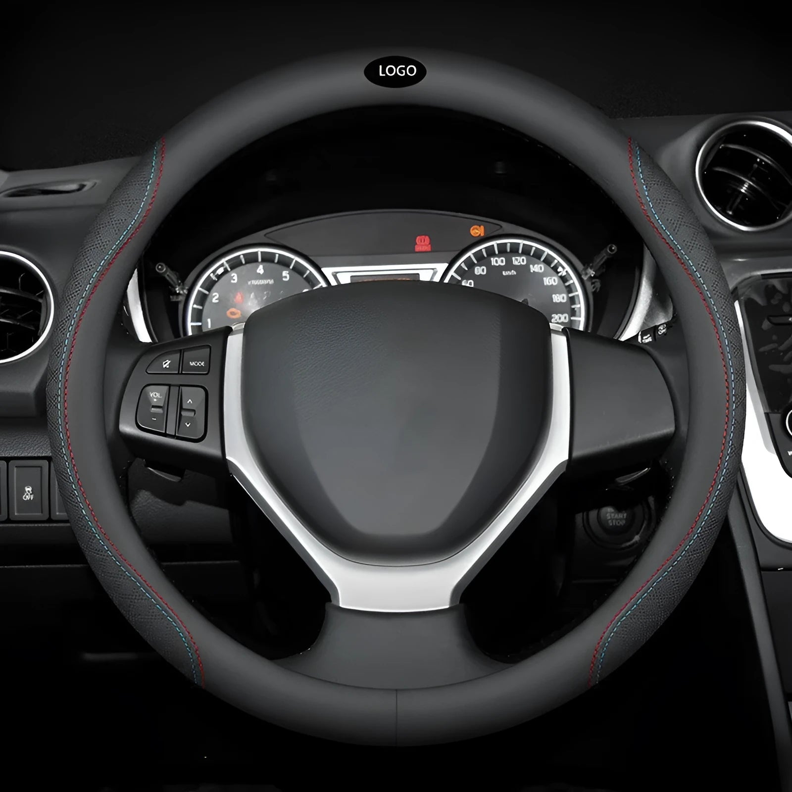 Black steering wheel cover with Napa leather texture on 38cm diameter wheel