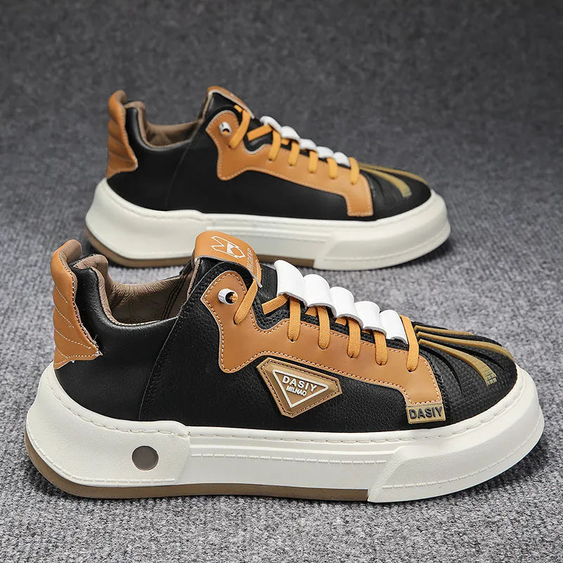 Men's beige low-top sneakers with elastic band and leather stitching on microfiber upper.