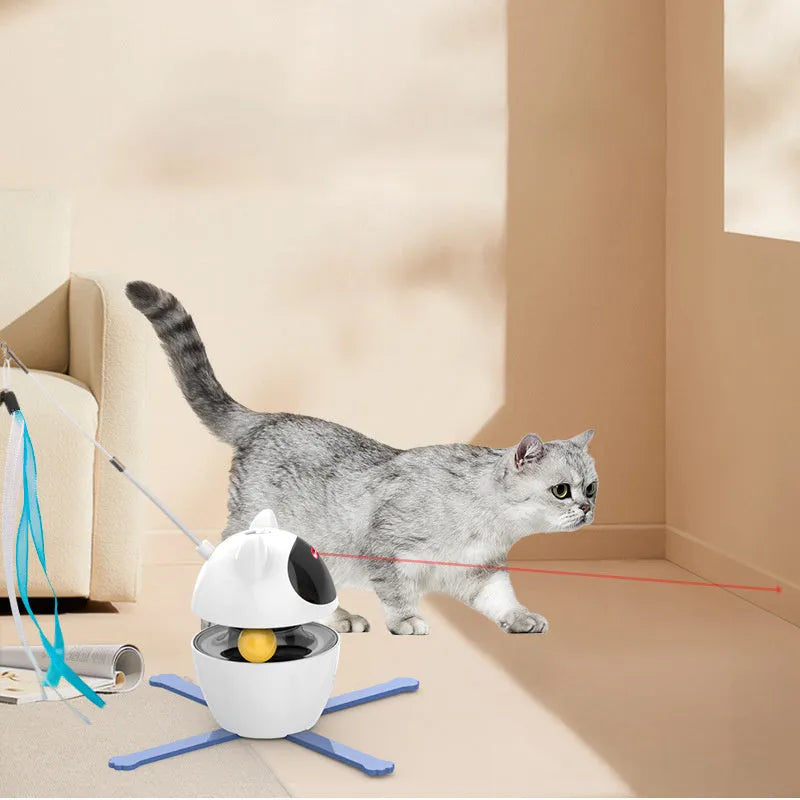 White automatic electronic cat toy with a moving wand, elastic rope, and dangling feathers on a floor.