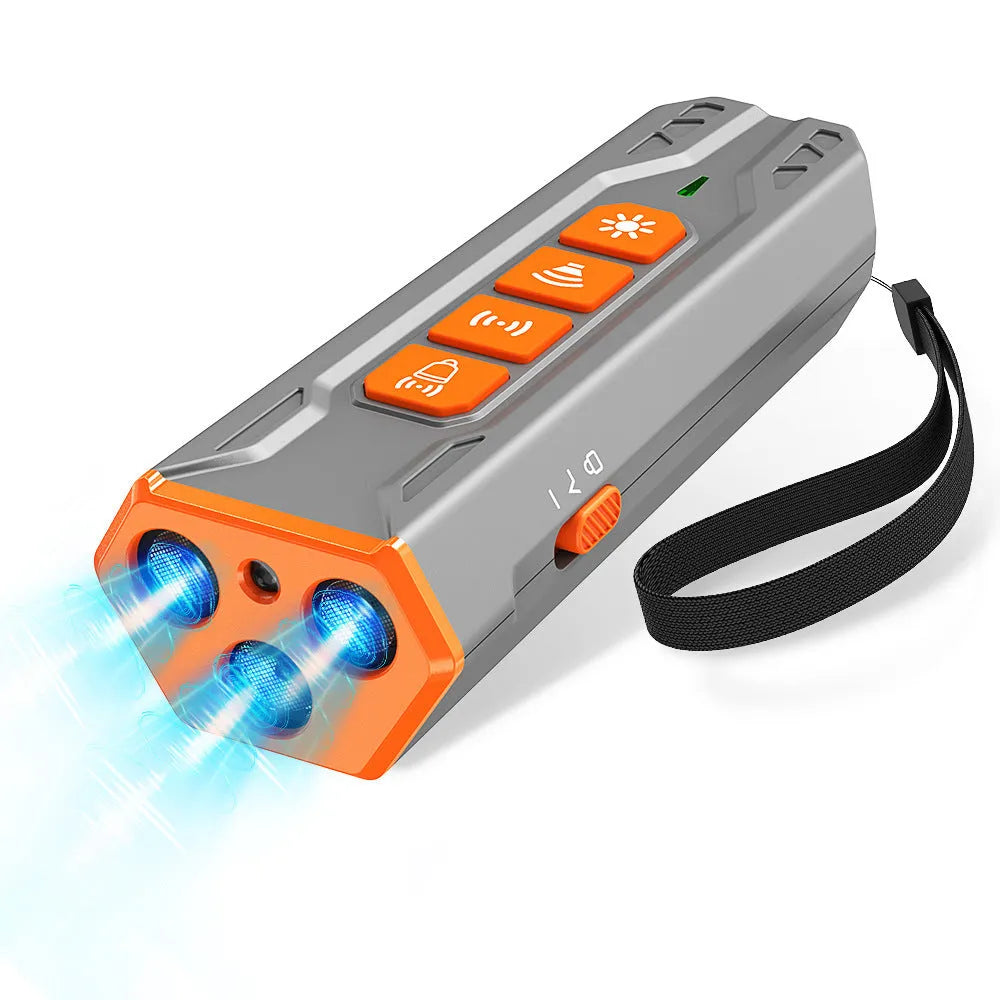 Three head ultrasonic dog trainer with LED light in grey and orange colour.