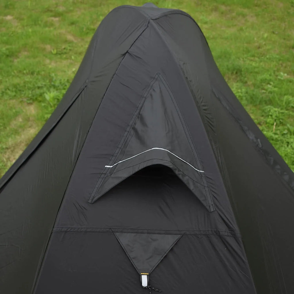 Single person camping tent with aluminium poles shown in black colour with waterproof outer layer and mesh ventilation panels