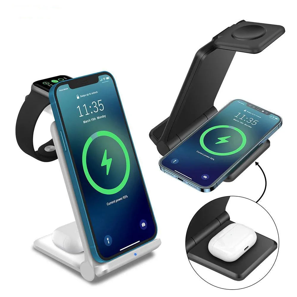Black and white 3-in-1 foldable wireless charging station for phone, watch, and earbuds.